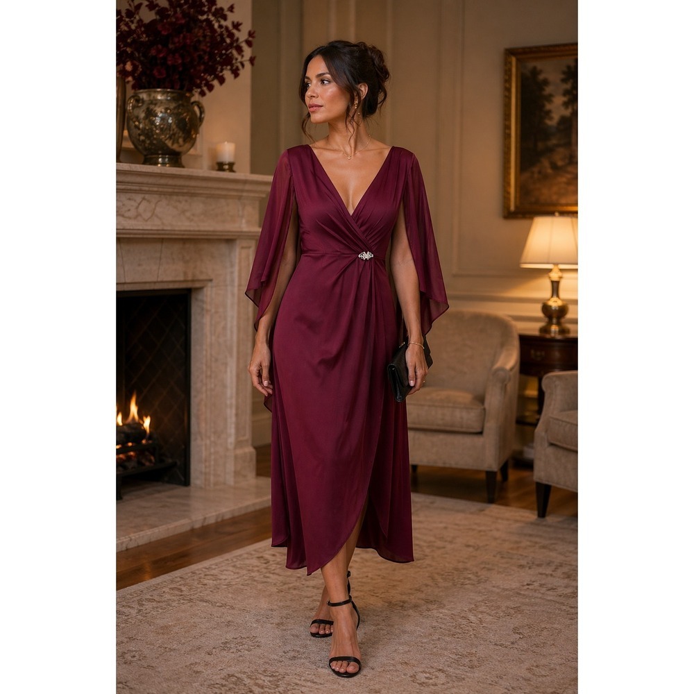 Glamour Nights Burgundy Cape Sleeve Maxi Dress Rhinestone Detail Size 6
